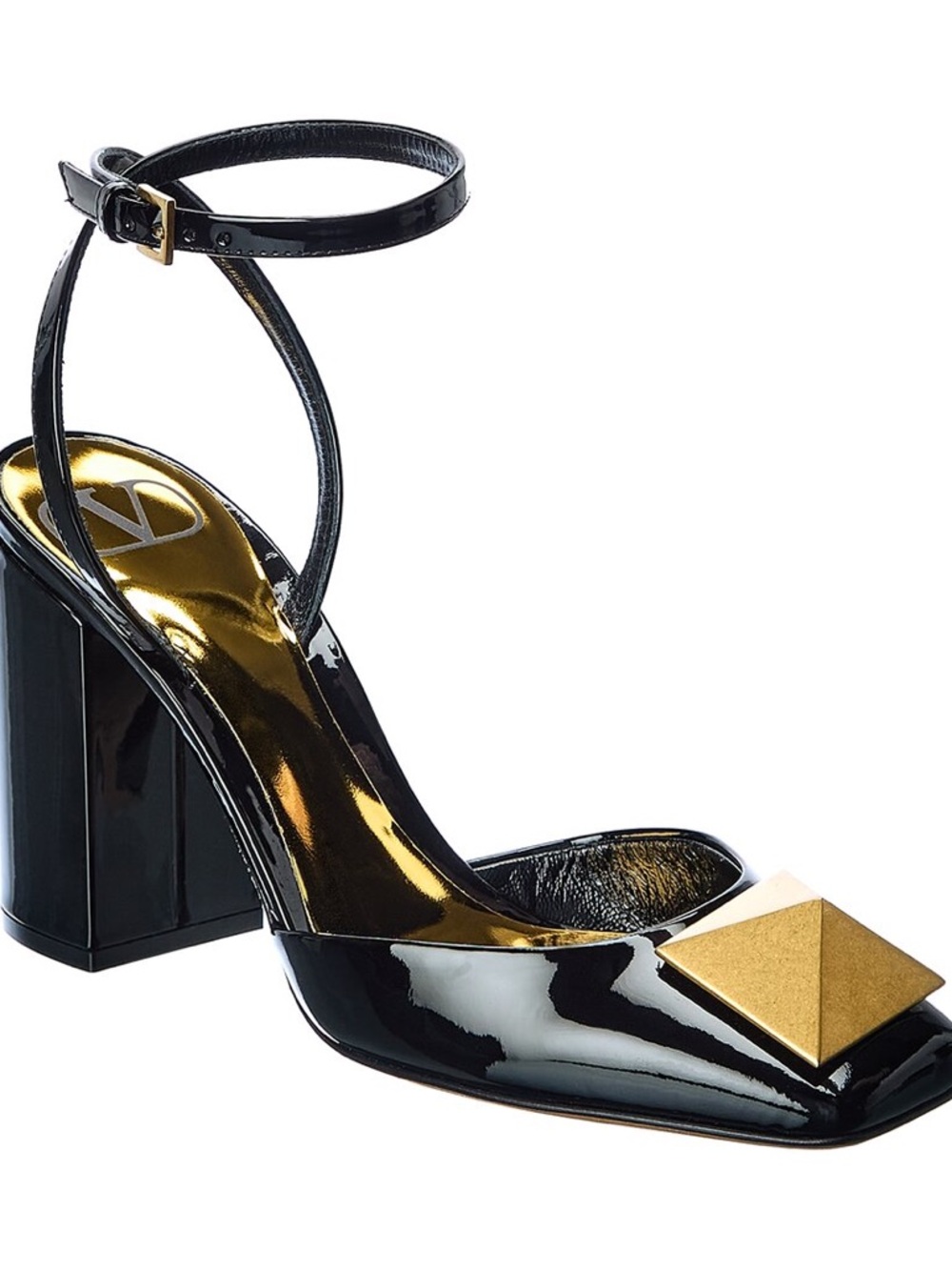 Valentino Garavani Black Patent Ankle-Strap Block Heel Pumps with Gold Stud 38